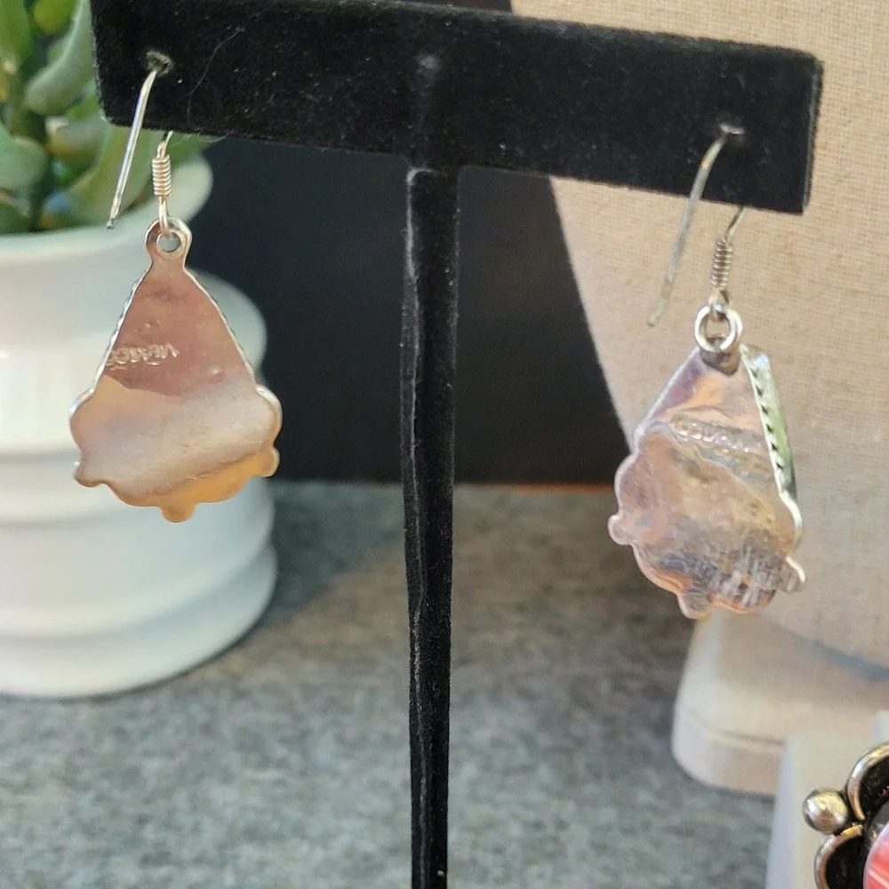 Mexico Stamped Coral Pink Banded Pendant Earrings Set Silver Tone 3pc